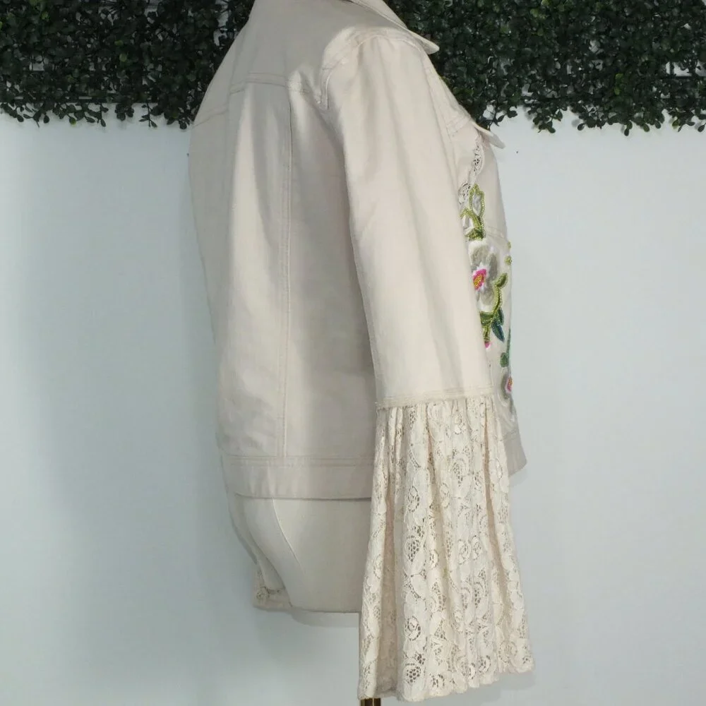 Vintage Boston Proper Small Beaded Floral Embroidered Denim Jacket Lace Cuffs - Picture 5 of 15